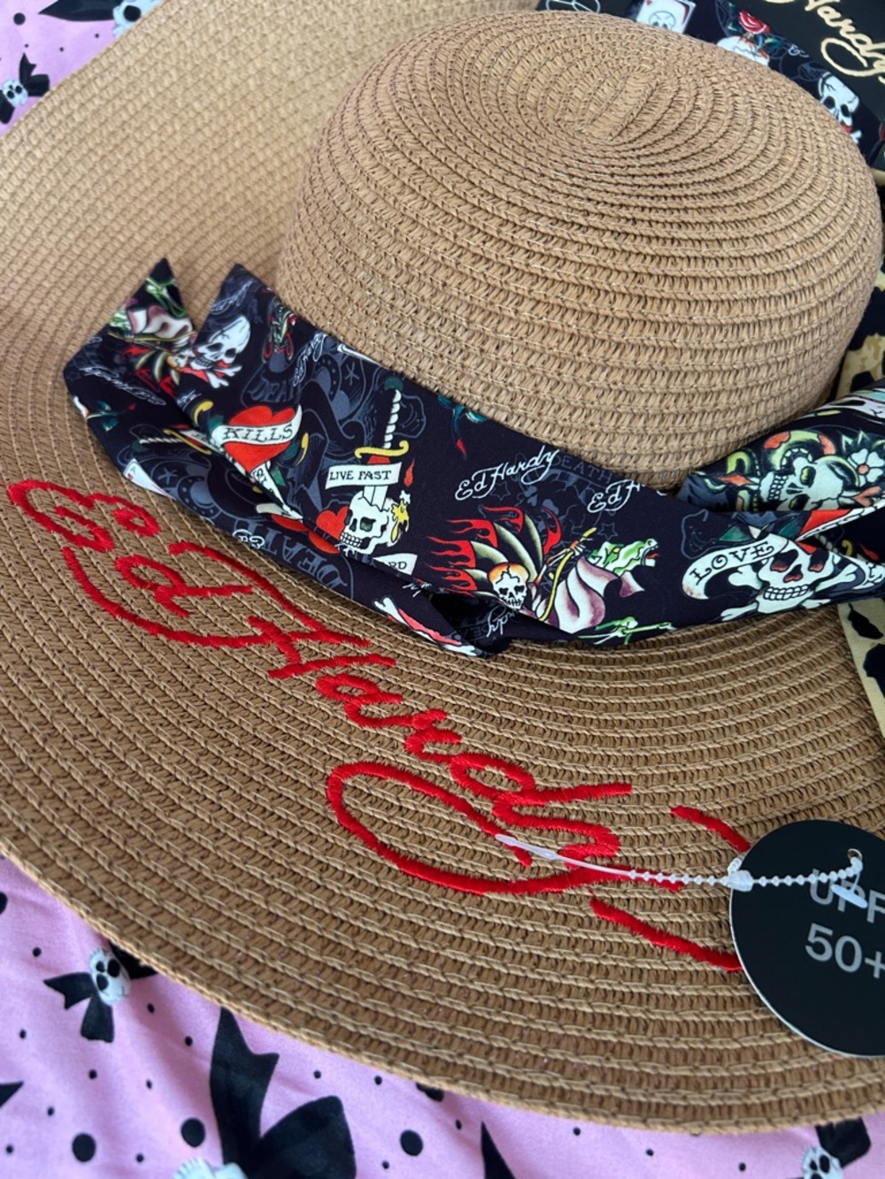 Ed Hardy Brown Straw Sun Hat brim with skull tattoo & leopard print scarves NWT